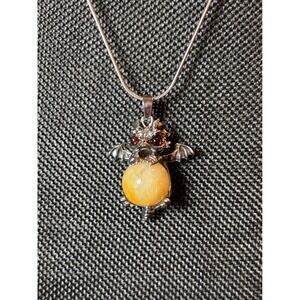 Stainless Steel Dragon Pendant Necklace Yellow Stone Orb Red Eyes